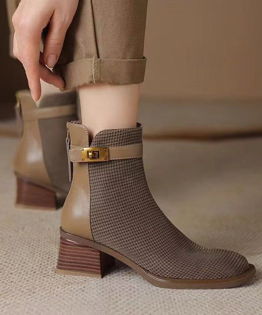 Zippered Splicing Chunky Boots Khaki Cowhide Leather