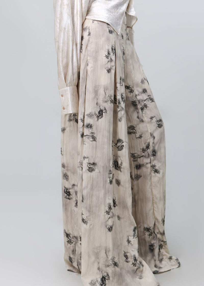 Print Pockets High Waist Cotton Wide Leg Pants Spring
