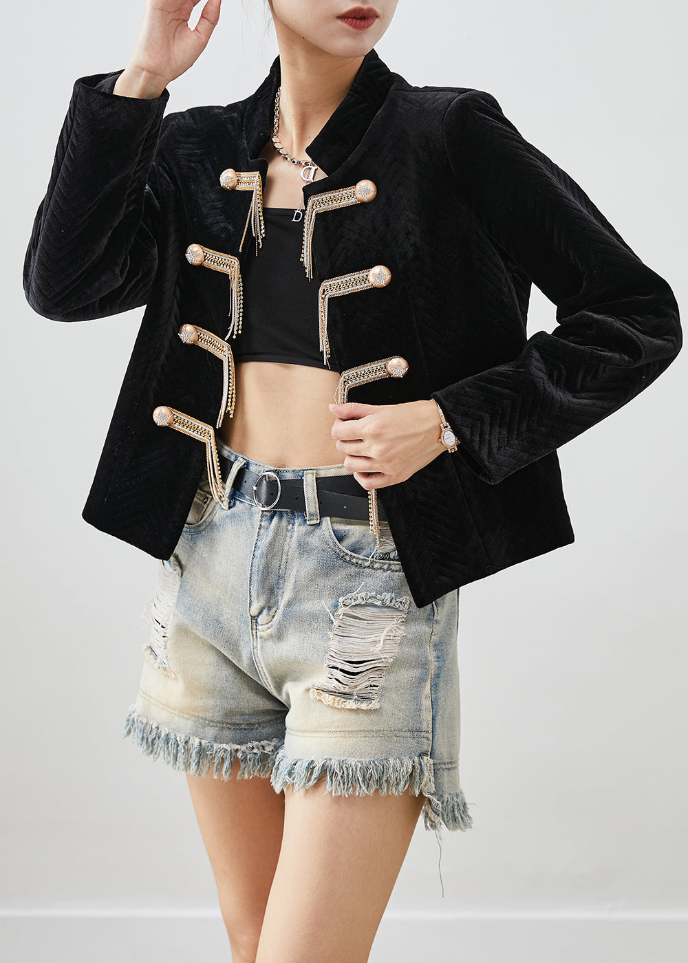 Black Tasseled Metal Buttons Silk Velour Jacket Fall