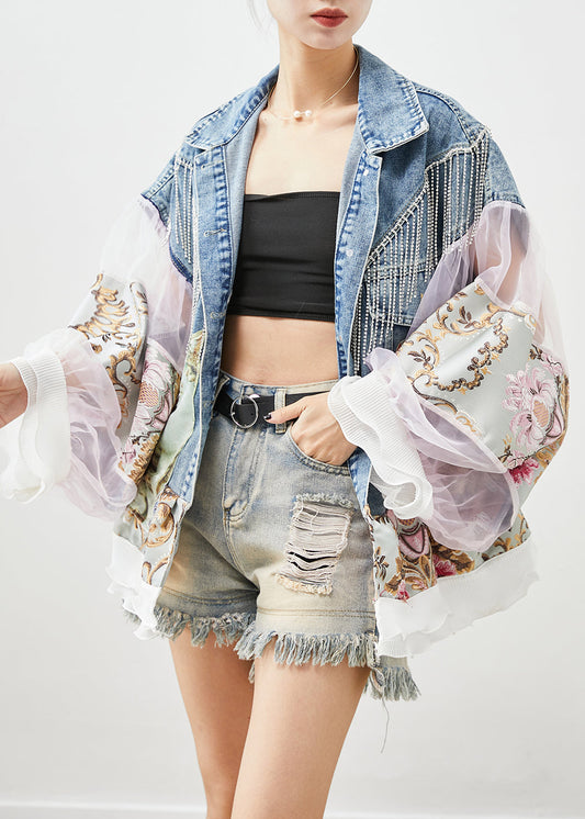 Blue Tasseled Patchwork Tulle Denim Coat Lantern Sleeve