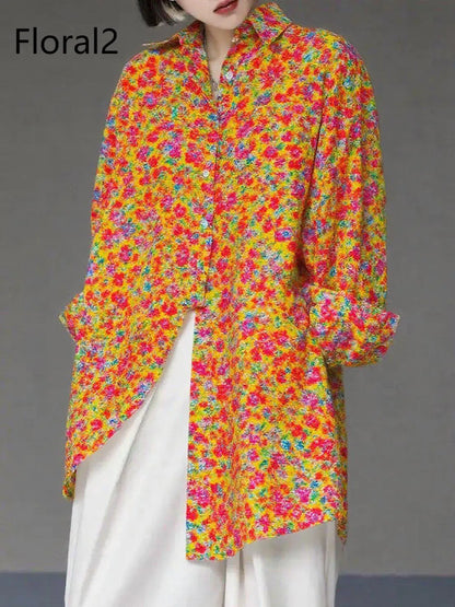 Unique Floral4 Asymmetrical Design Side Open Cotton Long Shirts Spring