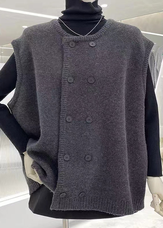 Grey O Neck Double Breast Patchwork Knit Vest Sleeveless