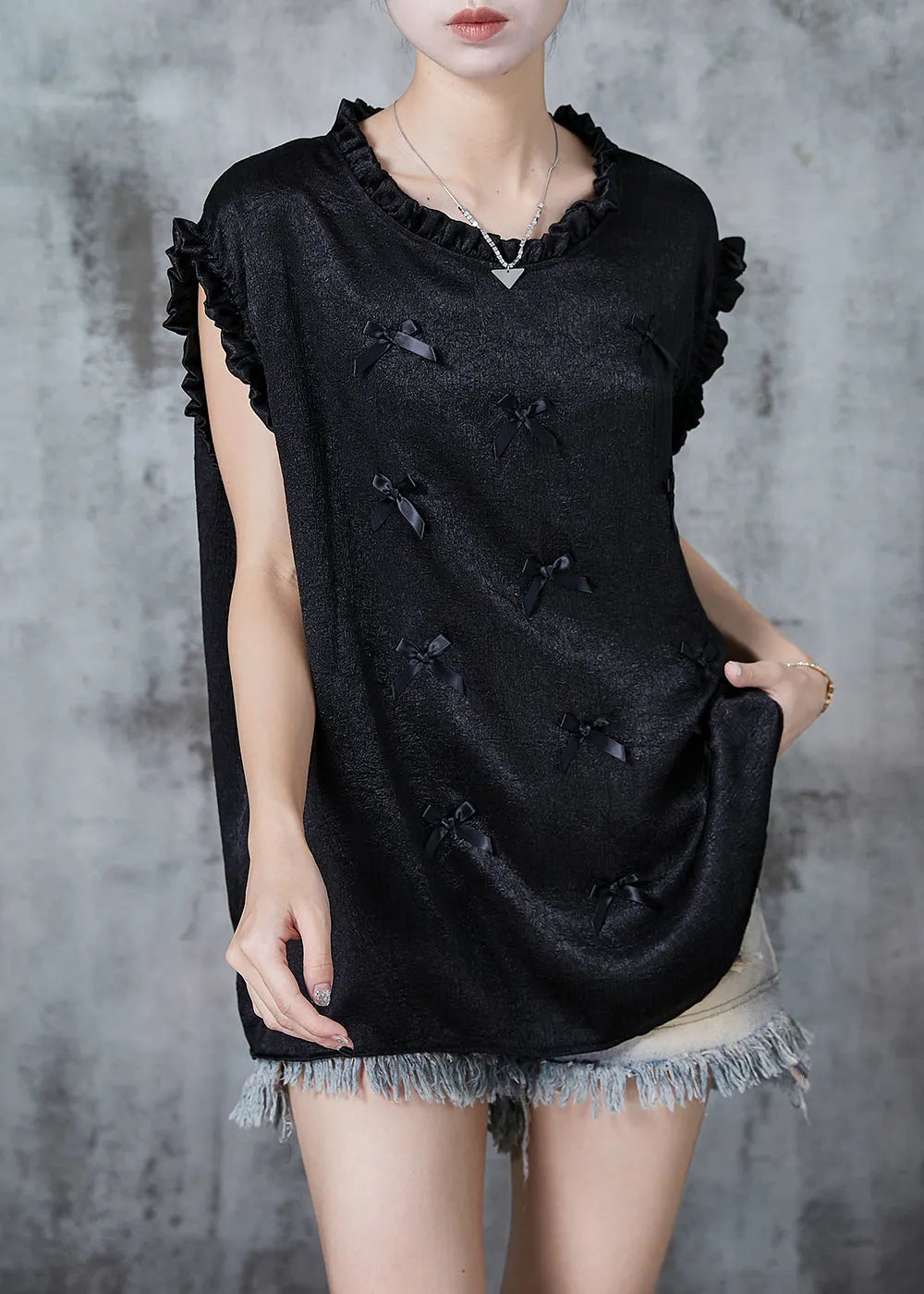 Black Ruffled Bow Silk Tank Summer