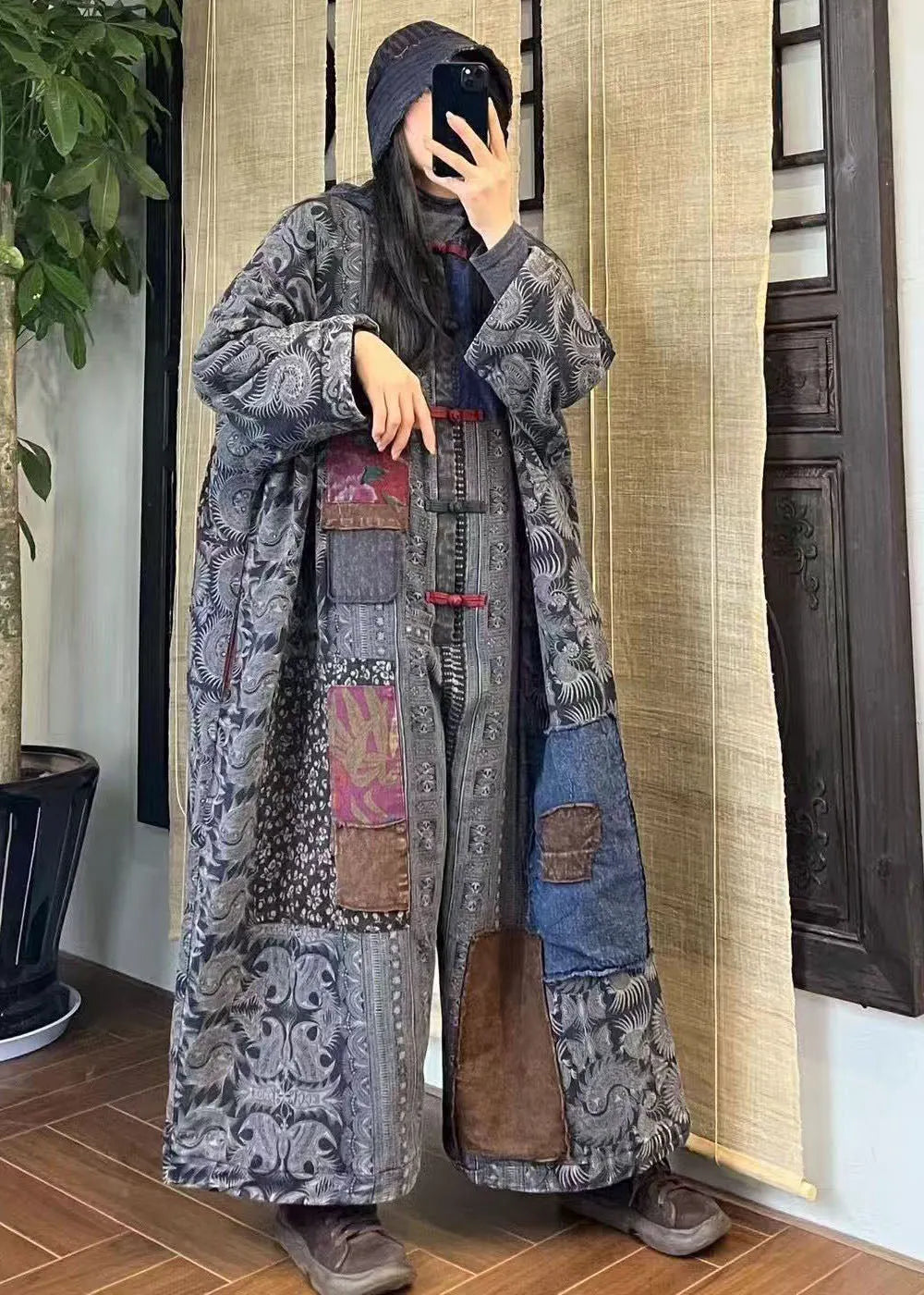 Blue Oriental Button Patchwork Fine Cotton Filled Jumpsuits Winter