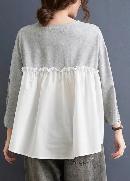 Grey Hollow Out Sweatshirts Top Ruffled Low High Design Three Quarter Sleeve