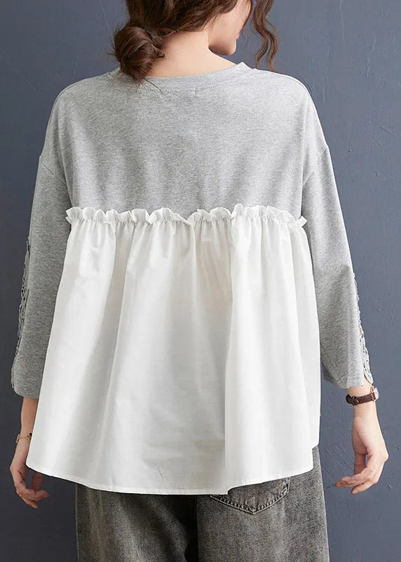 Grey Hollow Out Sweatshirts Top Ruffled Low High Design Three Quarter Sleeve