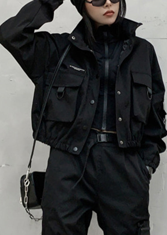 Black Stand Collar Pockets Button Jacket Long Sleeve