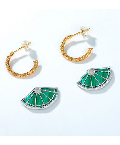 Art Peacock Green Fan-shaped Gem Stone Separable 14k Gold Stud Earrings