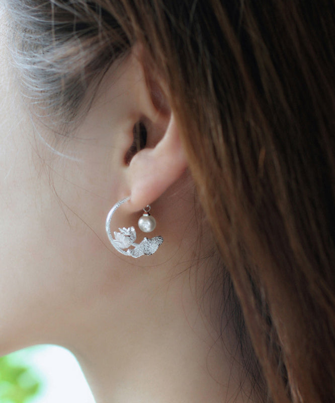 Silk Sterling Silver Pearl Lotus Hoop Earrings