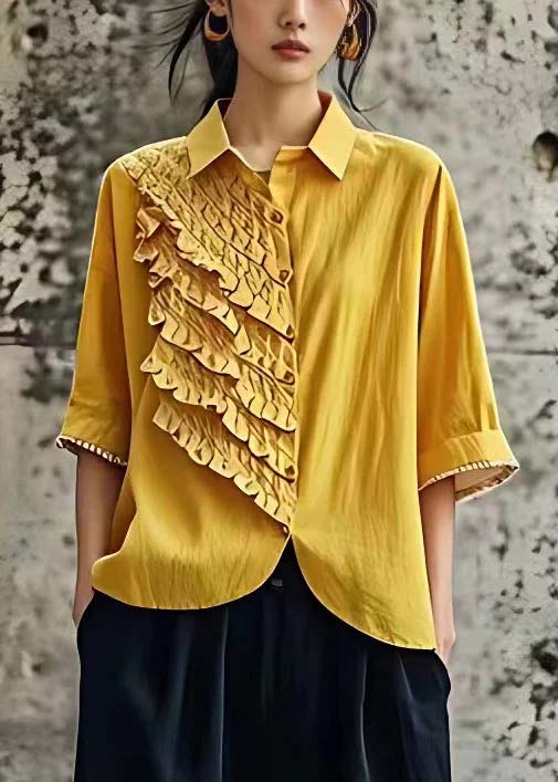 Italian Yellow Peter Pan Collar Ruffled Linen Shirt Half Sleeve