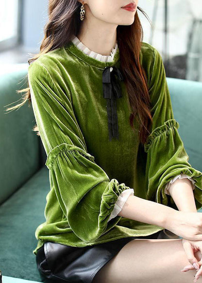 Green Ruffled Patchwork Velour Shirt Top Spring
