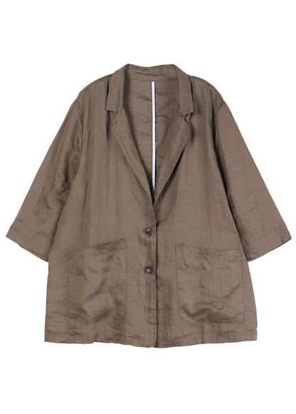 Dark Brown Notched Collar Pockets Linen Coat Long Sleeve