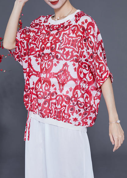 Red Oversized Print Drawstring Cotton Tanks Batwing Sleeve