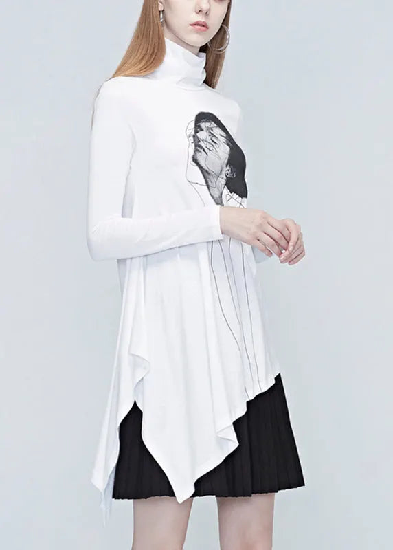Natural White Turtleneck Belle Print Wrinkled Tops Fall