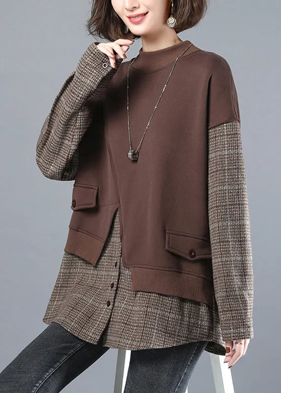 Chocolate Colour O-neck Patchwork Fake Two Pieces Sweatshirt Long Sleeve