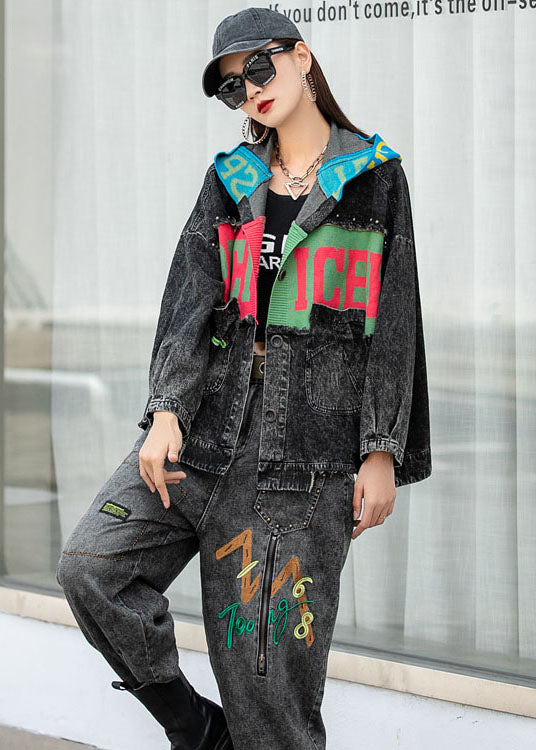 Denim Patchwork Knit Pockets Hooded Fall Coats Long Sleeve