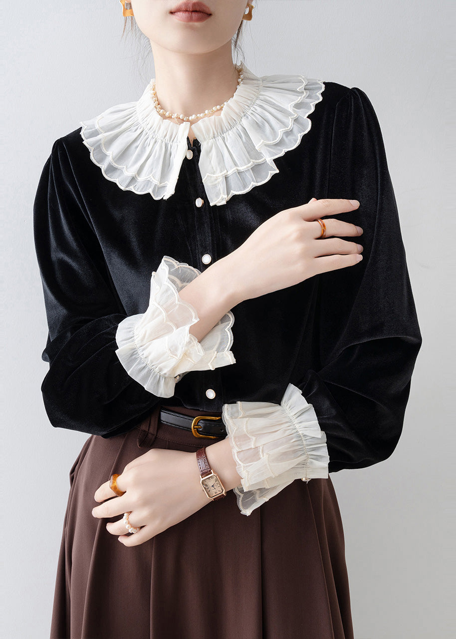 Art Black Ruffled Patchwork Silk Velour Blouse Tops Spring