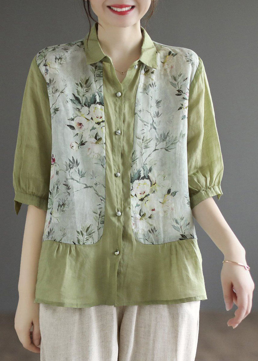 Green Peter Pan Collar Print Linen Top Summer