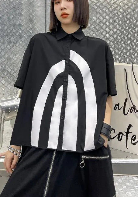 French Black Graphic Buttonlow High Design Shirt Top