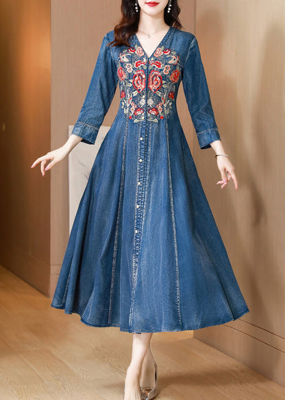 Natural Blue V Neck Embroideried Patchwork Denim Dress Long Sleeve