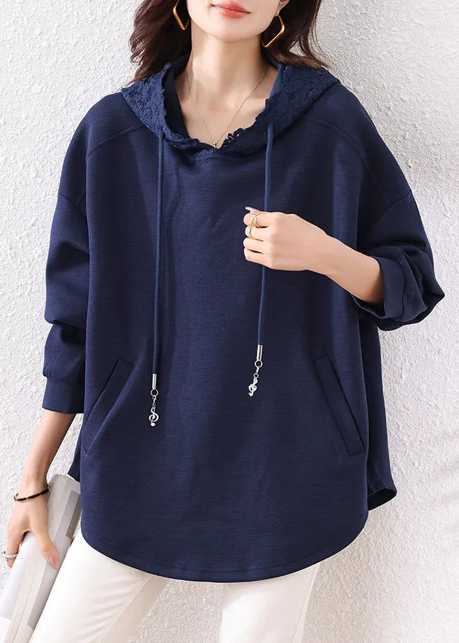 Boutique Navy Hooded Pockets Cotton Loose Sweatshirt Fall
