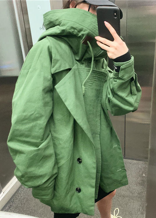 Green Loose Zippered Pockets Fall Coat