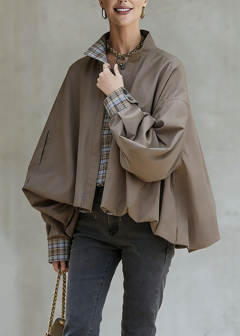 Khaki Stand Collar Pockets Patchwork Low High Design Coat Spring