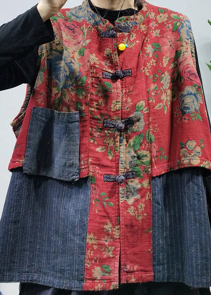 Red Stand Collar Chinese Button Patchwork Print Cotton Vest Sleeveless
