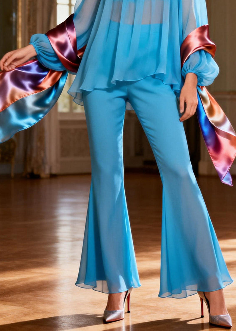 Blue Square Collar Patchwork Silk Two Pieces Set Summer