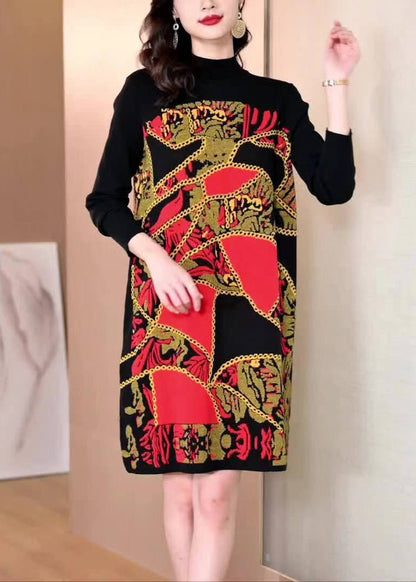 Red Print Patchwork Cotton Knit Mid Dress Winter