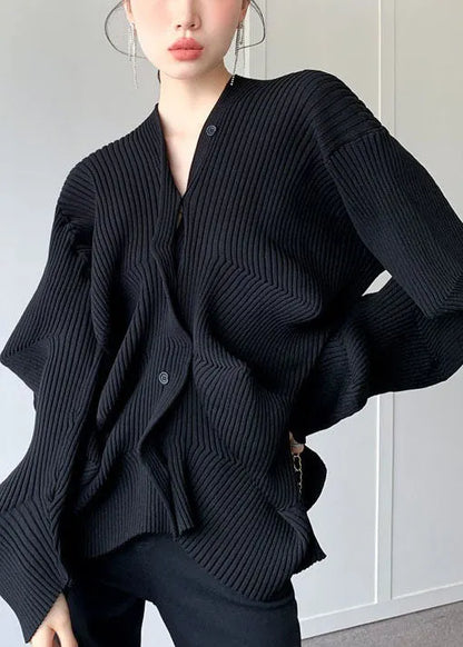 Fitted Black V Neck Button Asymmetrical Design Fall Sweater Coat