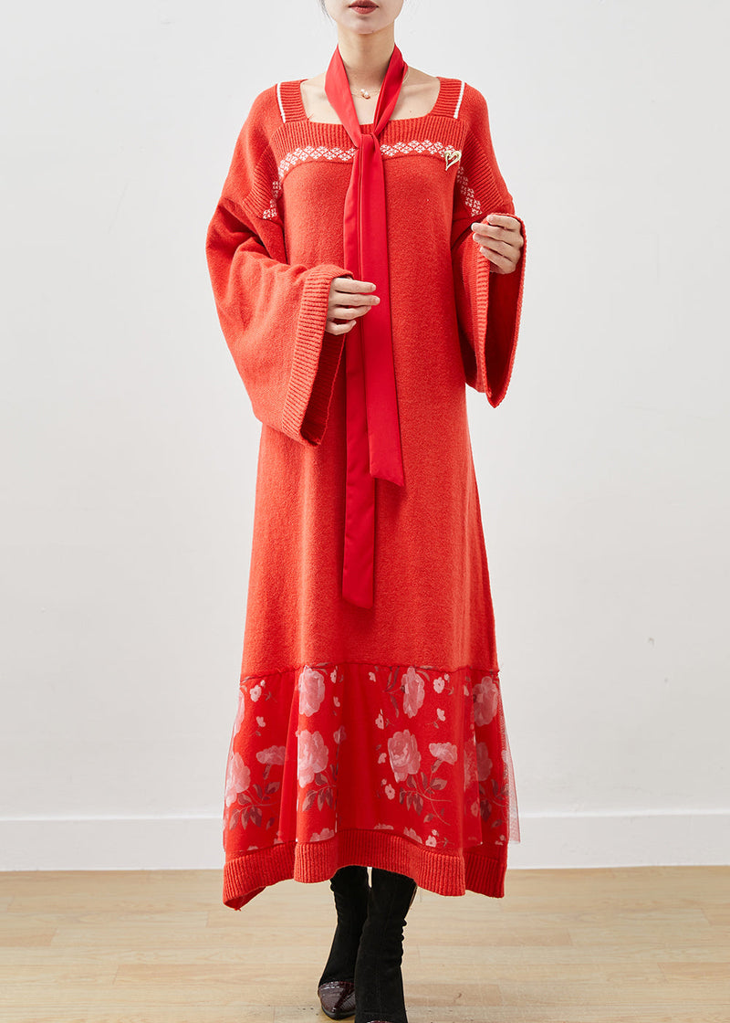 Brick Red Square Collar Patchwork Knitwear Dress Spring