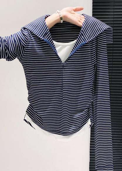 Silm Fit Navy Striped Patchwork Cotton Fake Two Piece Tops Fall