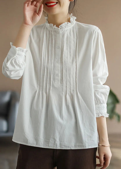 Unique White Ruffled Wrinkled Cotton Shirt Tops Spring