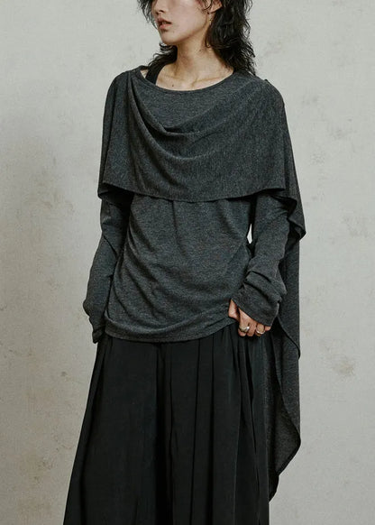 Slim Fit Grey Asymmetrical Cotton T Shirts Fall