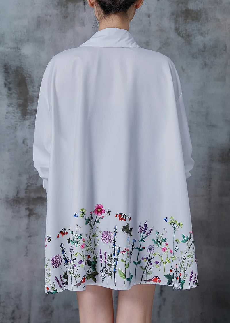 White Oversized Dandelion Print Cotton Shirt Tops Spring