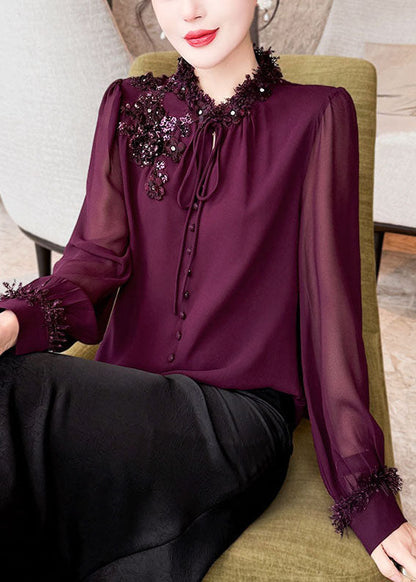 Handmade Purple Sequins Lace Up Chiffon Shirts Fall