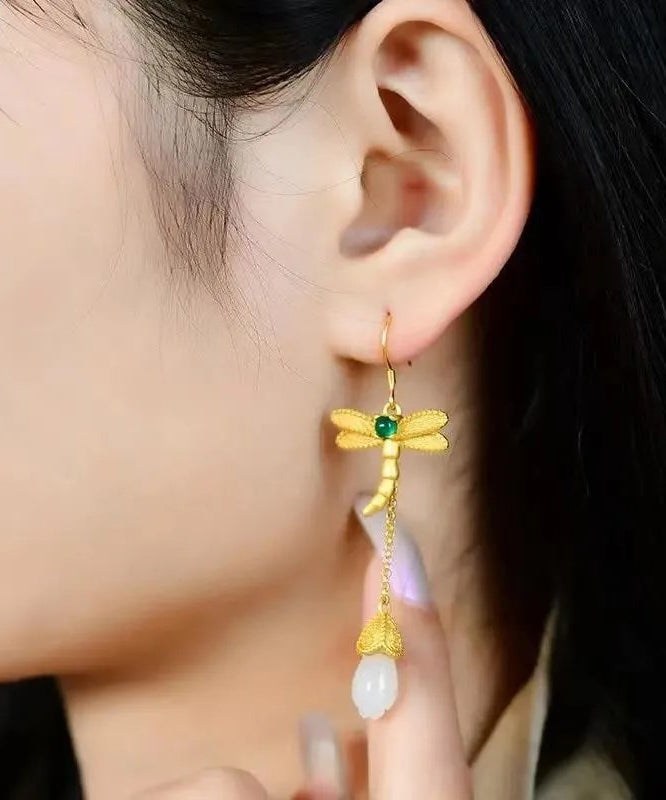 Gold Sterling Silver Overgild Inlaid Jade Tassel Dragonfly Drop Earrings