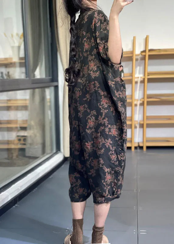 Style Black Oversized Print Linen Overalls Jumpsuit Half Sleeve
