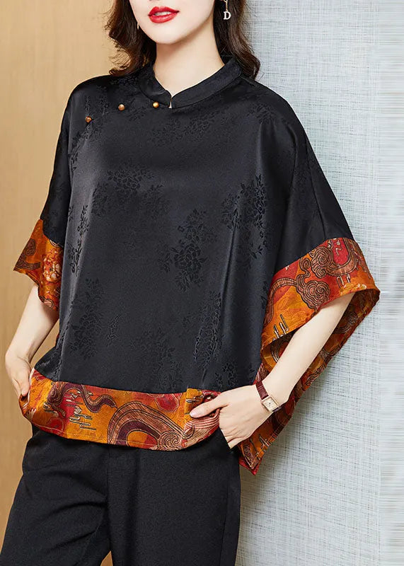 Green Polka Dots Mandarin Collar Asymmetrical Patchwork Jacquard Silk Shirts Batwing Sleeve