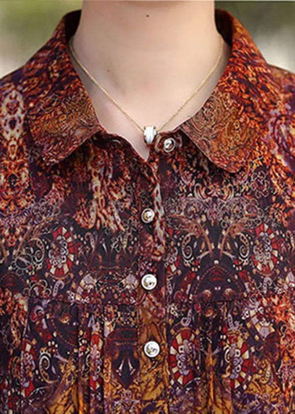 Brown Peter Pan Collar Print Button Silk Shirt Top Bracelet Sleeve