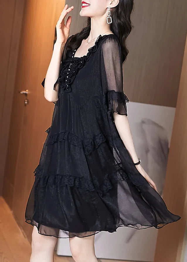 Black Ruffled Patchwork Chiffon Dress Summer