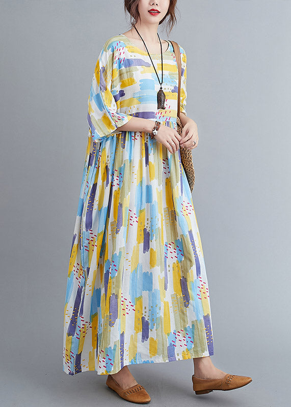 Yellow O-neck Print Long Dress Spring