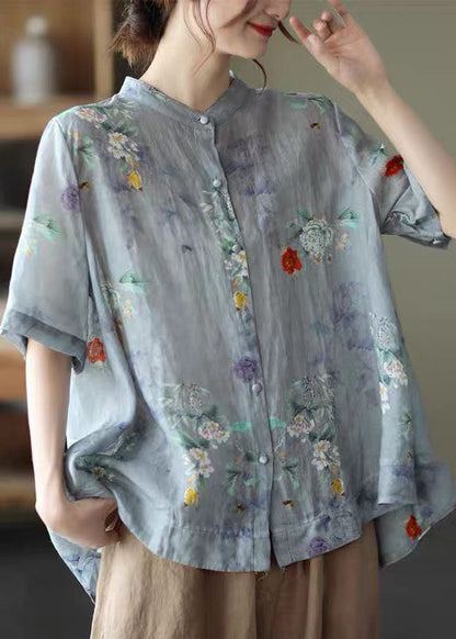 Blue Stand Collar Print Tops Half Sleeve