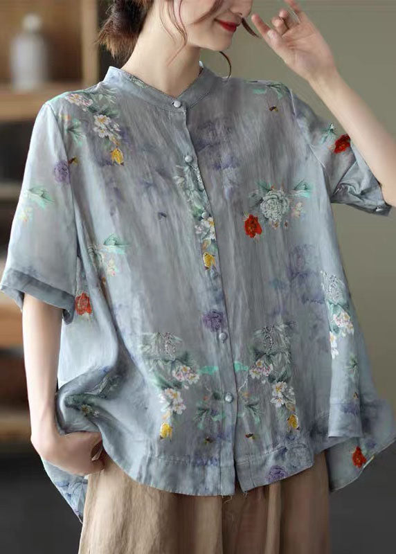 Blue Stand Collar Print Tops Half Sleeve