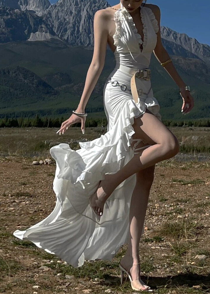 Slim Fit White Ruffled Lace Up Low High Design Cotton Dress Sleeveless Summer