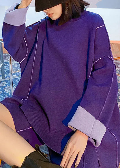 Unique Purple Asymmetrical Design Patchwork Knit Fall Two Pieces Set