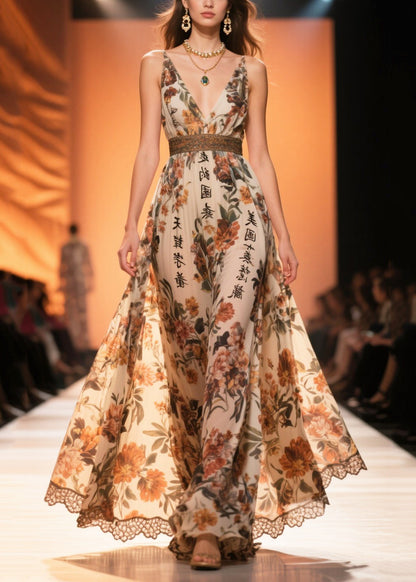 Brown Print Draping Chiffon Vestidos Dresses Summer