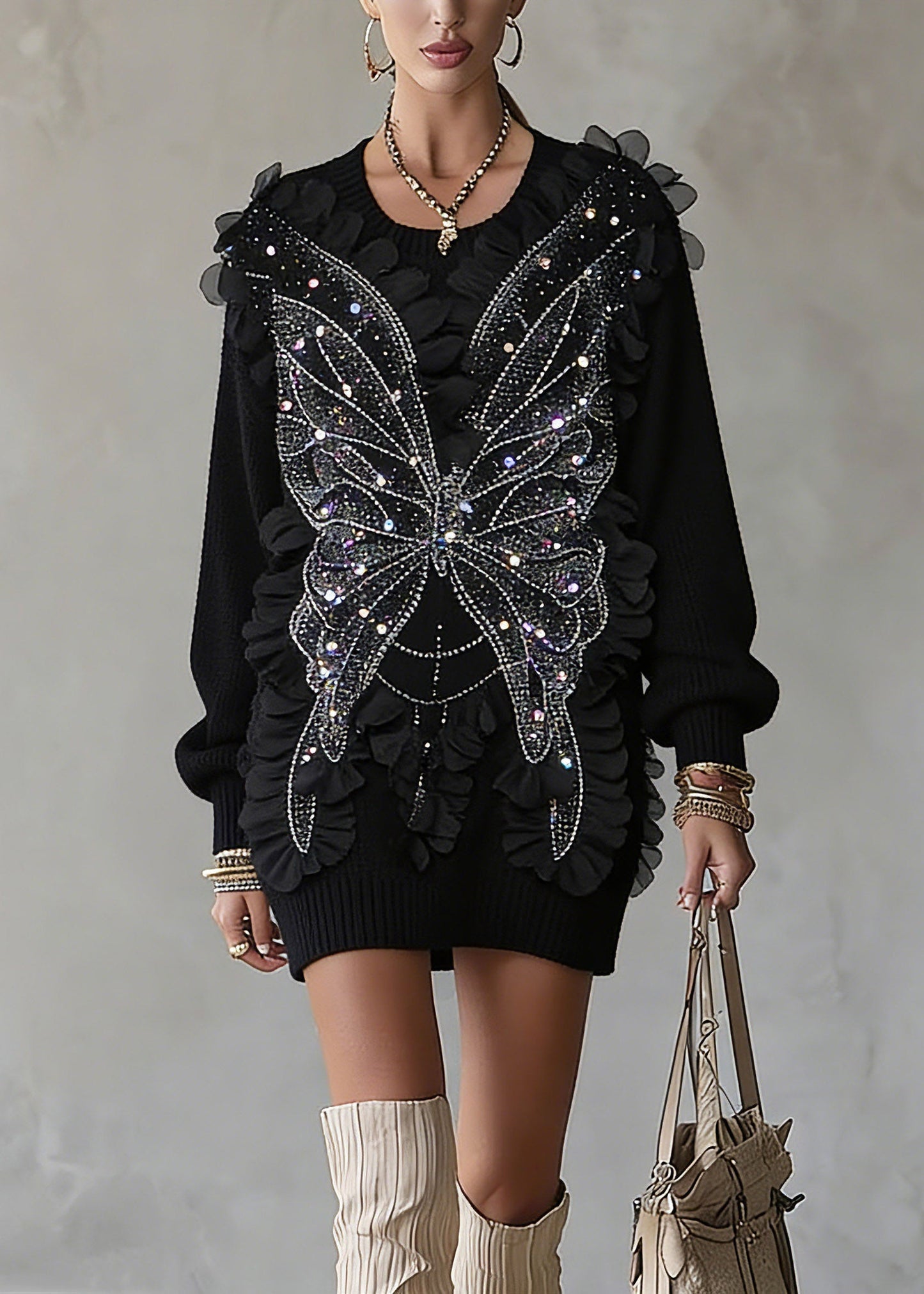 Black O-neck Sequins Top Lantern Sleeve Spring