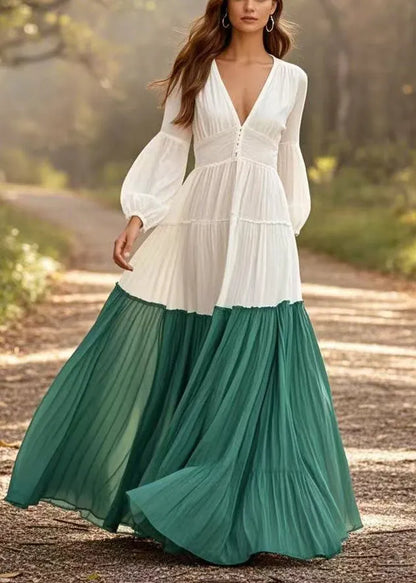 White V Neck Patchwork Exra Large Hem Cotton Pleated Dresses Spring